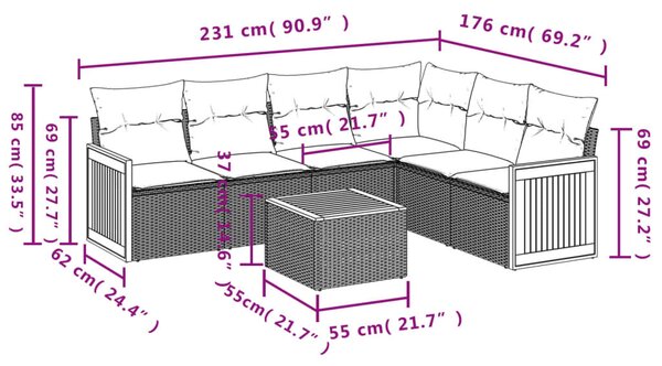 VidaXL 7 db szürke polyrattan kerti kanapégarnitúra párnákkal
