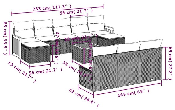 VidaXL 11 db fekete polyrattan kerti kanapégarnitúra párnákkal