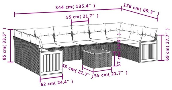 VidaXL 11 db fekete polyrattan kerti kanapégarnitúra párnákkal