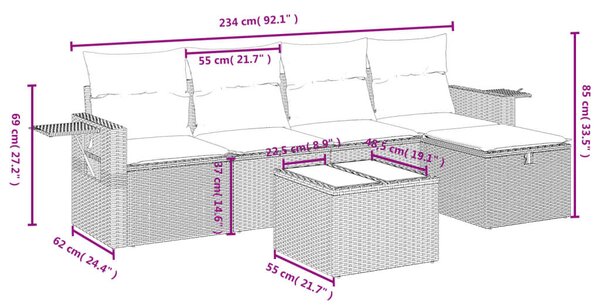 VidaXL 6 db barna polyrattan kerti kanapégarnitúra párnákkal