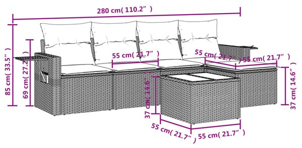 VidaXL 6 db barna polyrattan kerti kanapégarnitúra párnákkal