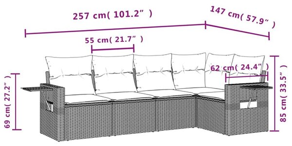 VidaXL 5 db fekete polyrattan kerti kanapégarnitúra párnákkal