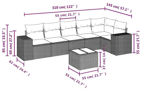 VidaXL 7 db fekete polyrattan kerti kanapégarnitúra párnákkal