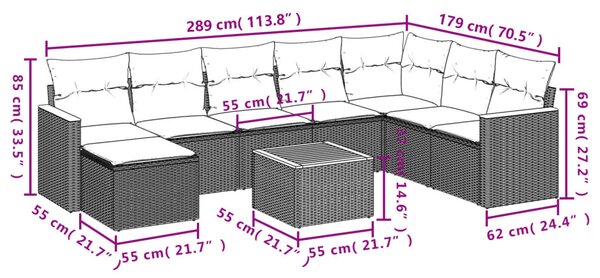 VidaXL 9 db szürke polyrattan kerti kanapégarnitúra párnákkal