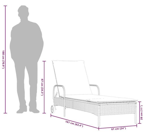 VidaXL barna polyrattan napozóágy kerekekkel és párnával