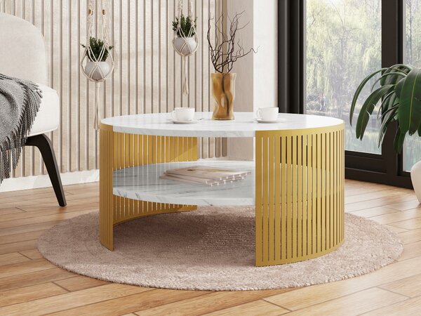 Dohányzóasztal Civer I, Fém, Laminált forgácslap, 40cm, Aranysárga, Fehér márvány