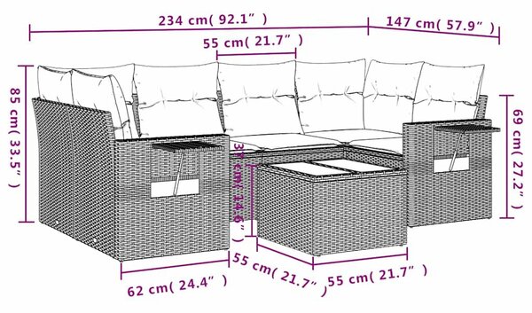 VidaXL 7 db fekete polyrattan kerti kanapégarnitúra párnákkal
