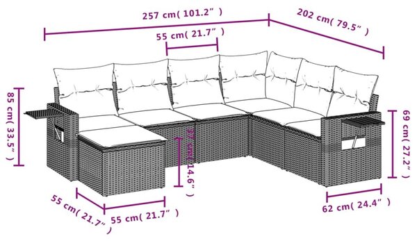 VidaXL 7 db barna polyrattan kerti kanapégarnitúra párnákkal