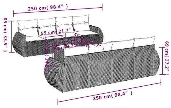 VidaXL 9 db barna polyrattan kerti kanapégarnitúra párnákkal