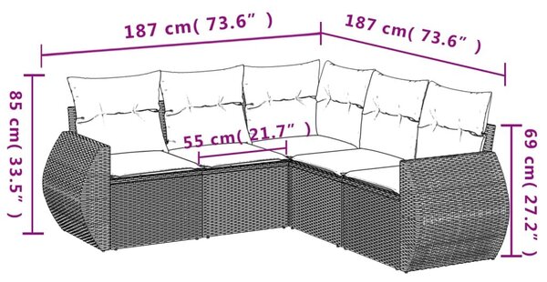 VidaXL 5 db fekete polyrattan kerti kanapégarnitúra párnákkal