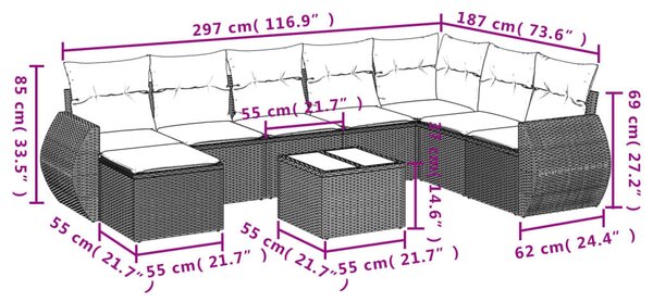 VidaXL 9 db barna polyrattan kerti kanapégarnitúra párnákkal