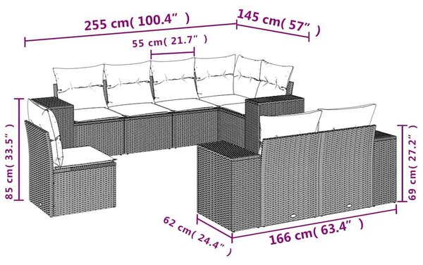 VidaXL 8 db barna polyrattan kerti kanapégarnitúra párnákkal