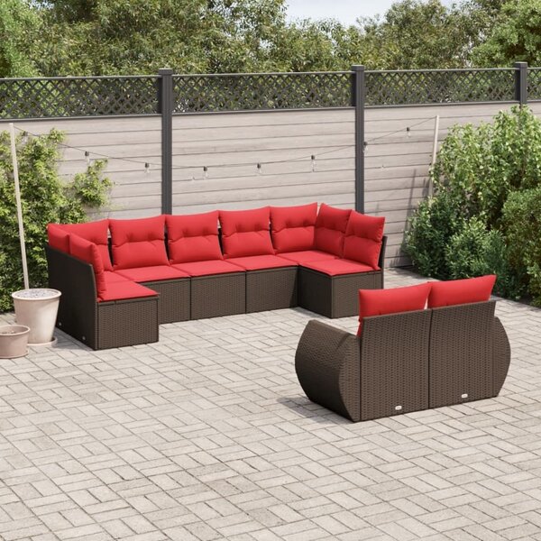 VidaXL 9 db barna polyrattan kerti kanapégarnitúra párnákkal