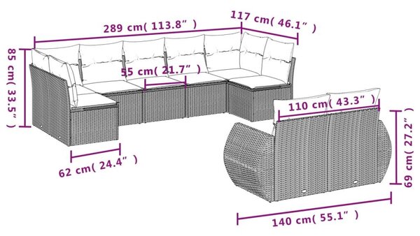 VidaXL 9 db barna polyrattan kerti kanapégarnitúra párnákkal