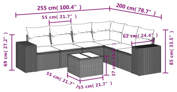 VidaXL 7 db fekete polyrattan kerti kanapégarnitúra párnákkal