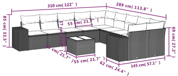 VidaXL 11 db fekete polyrattan kerti kanapégarnitúra párnákkal