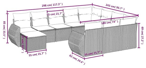 VidaXL 11 db fekete polyrattan kerti kanapégarnitúra párnákkal