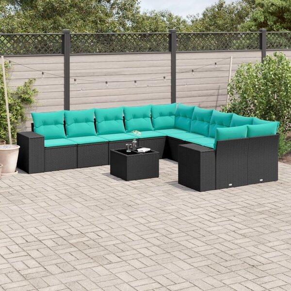 VidaXL 11 db fekete polyrattan kerti kanapégarnitúra párnákkal