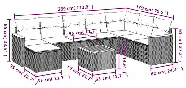 VidaXL 9 db fekete polyrattan kerti kanapégarnitúra párnákkal