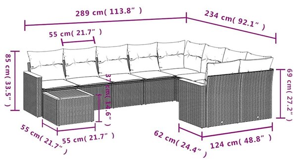 VidaXL 10 db fekete polyrattan kerti kanapégarnitúra párnákkal