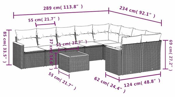 VidaXL 10 db fekete polyrattan kerti kanapégarnitúra párnákkal