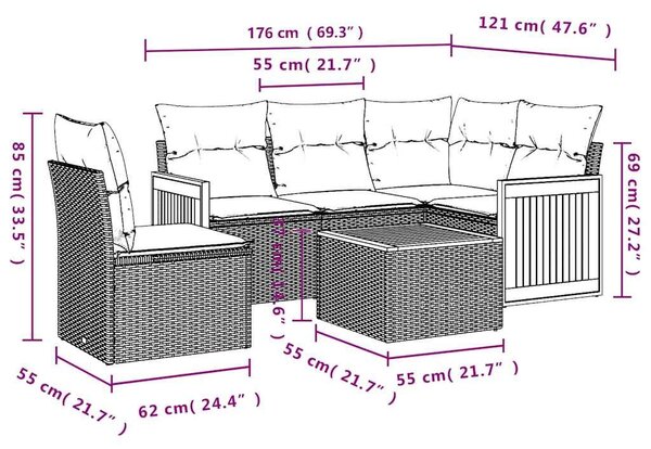 VidaXL 6 db fekete polyrattan kerti kanapégarnitúra párnákkal