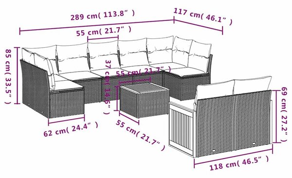 VidaXL 9 db fekete polyrattan kerti kanapégarnitúra párnákkal