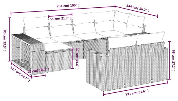 VidaXL 10 db barna polyrattan kerti kanapégarnitúra párnákkal