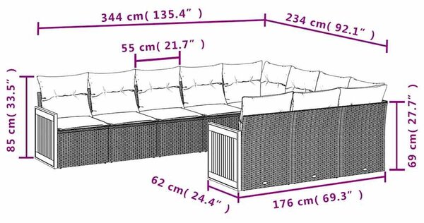 VidaXL 10 db fekete polyrattan kerti kanapégarnitúra párnákkal