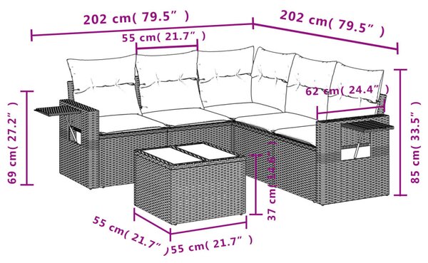 VidaXL 6 db barna polyrattan kerti kanapégarnitúra párnákkal