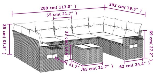 VidaXL 10 db szürke polyrattan kerti kanapégarnitúra párnákkal