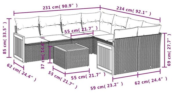 VidaXL 9 db fekete polyrattan kerti kanapégarnitúra párnákkal