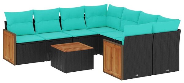VidaXL 9 db fekete polyrattan kerti kanapégarnitúra párnákkal