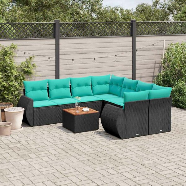 VidaXL 9 db fekete polyrattan kerti kanapégarnitúra párnákkal