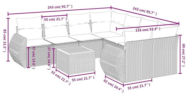 VidaXL 9 db fekete polyrattan kerti kanapégarnitúra párnákkal
