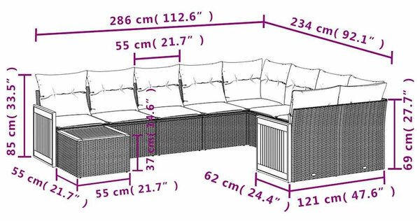 VidaXL 10 db szürke polyrattan kerti kanapégarnitúra párnákkal