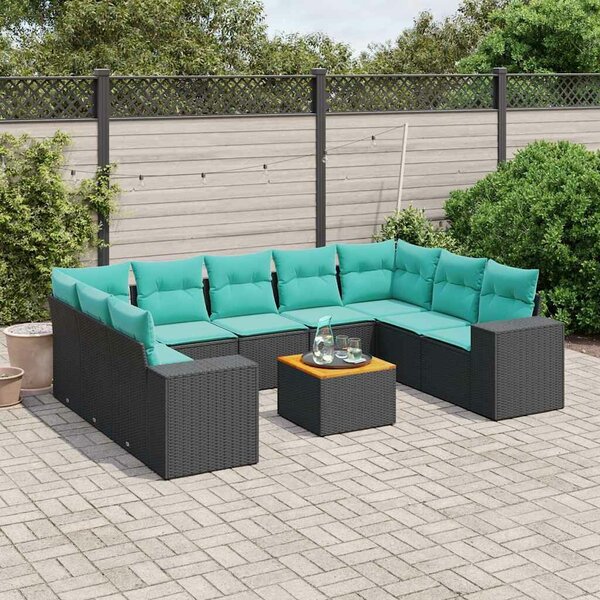 VidaXL 10 db fekete polyrattan kerti kanapégarnitúra párnákkal