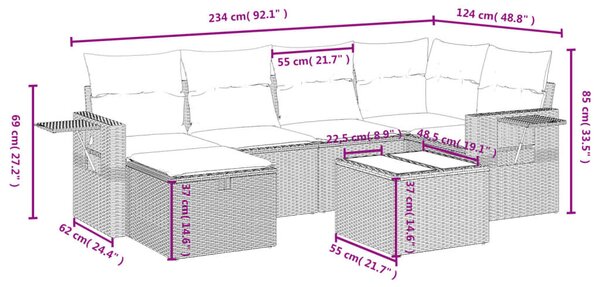 VidaXL 7 db barna polyrattan kerti kanapégarnitúra párnákkal