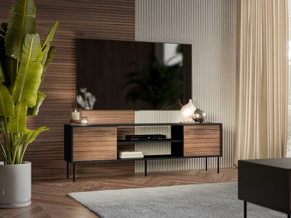 TV-állvány Flosoru 104, Közepes sűrűségű farostlemez, Laminált forgácslap, 60x180x40cm, Fekete, Dió