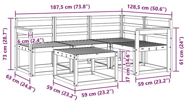 VidaXL Kültéri kanapé szett 5 pcs Fehér 59 x 59 x 37 cm Tömör Akácfa