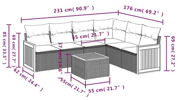 VidaXL 7 db fekete polyrattan kerti kanapégarnitúra párnákkal