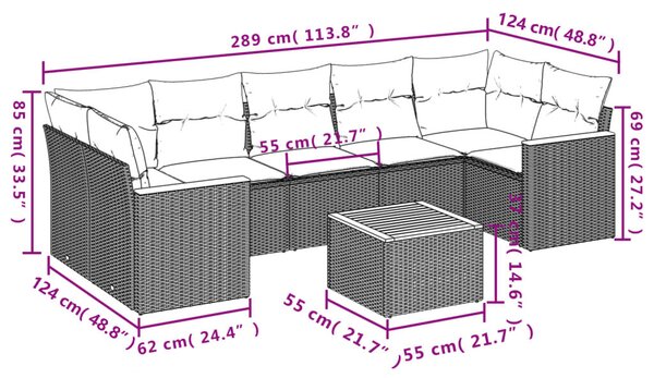 VidaXL 8 db fekete polyrattan kerti kanapégarnitúra párnákkal