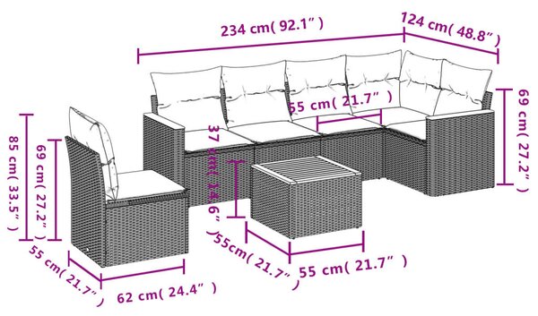VidaXL 7 db fekete polyrattan kerti kanapégarnitúra párnákkal