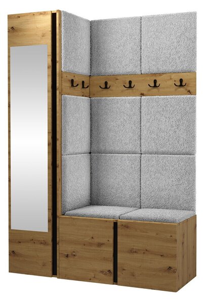 Előszoba garnitúra Hartford 277, 186x124x46cm, Tükör, Világosszürke, Artisan tölgy, Fekete, Kárpit, Laminált forgácslap