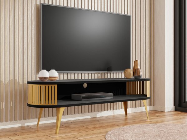 TV-állvány Sordore 109, Fém, Laminált forgácslap, 44x140x40cm, Fekete, Aranysárga
