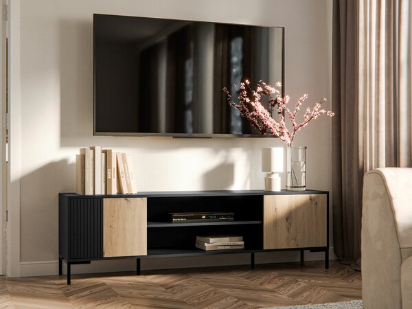 TV-állvány Fabula, Közepes sűrűségű farostlemez, Laminált forgácslap, 54x180x40cm, Artisan tölgy, Fekete
