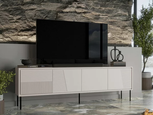 TV-állvány Charlotte 209, Laminált forgácslap, Közepes sűrűségű farostlemez, 61x200x38cm, Kasmír