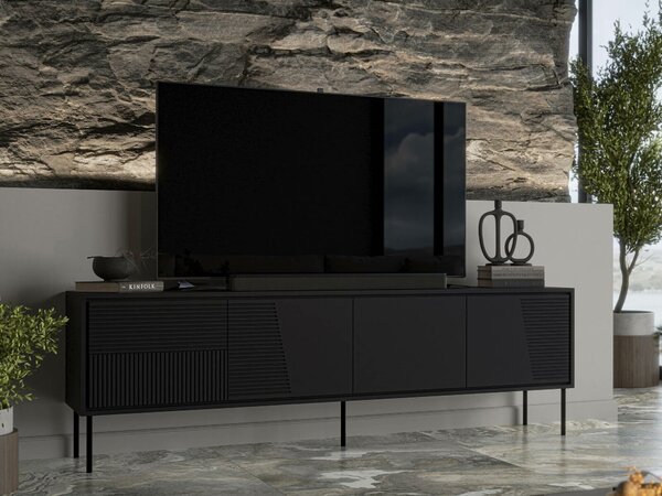TV-állvány Charlotte 209, Közepes sűrűségű farostlemez, Laminált forgácslap, 61x200x38cm, Fekete