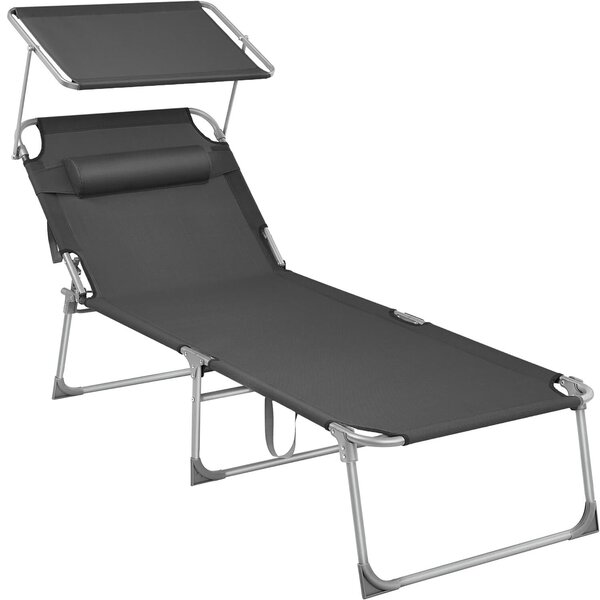 Összecsukható napozóágy napernyővel és fejtámlával, 4 pozícióra állítható háttámla, légáteresztő szintetikus szövet, max 150 kg, 200x71x38 cm, szürke