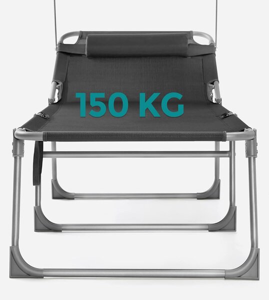Összecsukható napozóágy napernyővel és fejtámlával, 4 pozícióra állítható háttámla, légáteresztő szintetikus szövet, max 150 kg, 200x71x38 cm, szürke